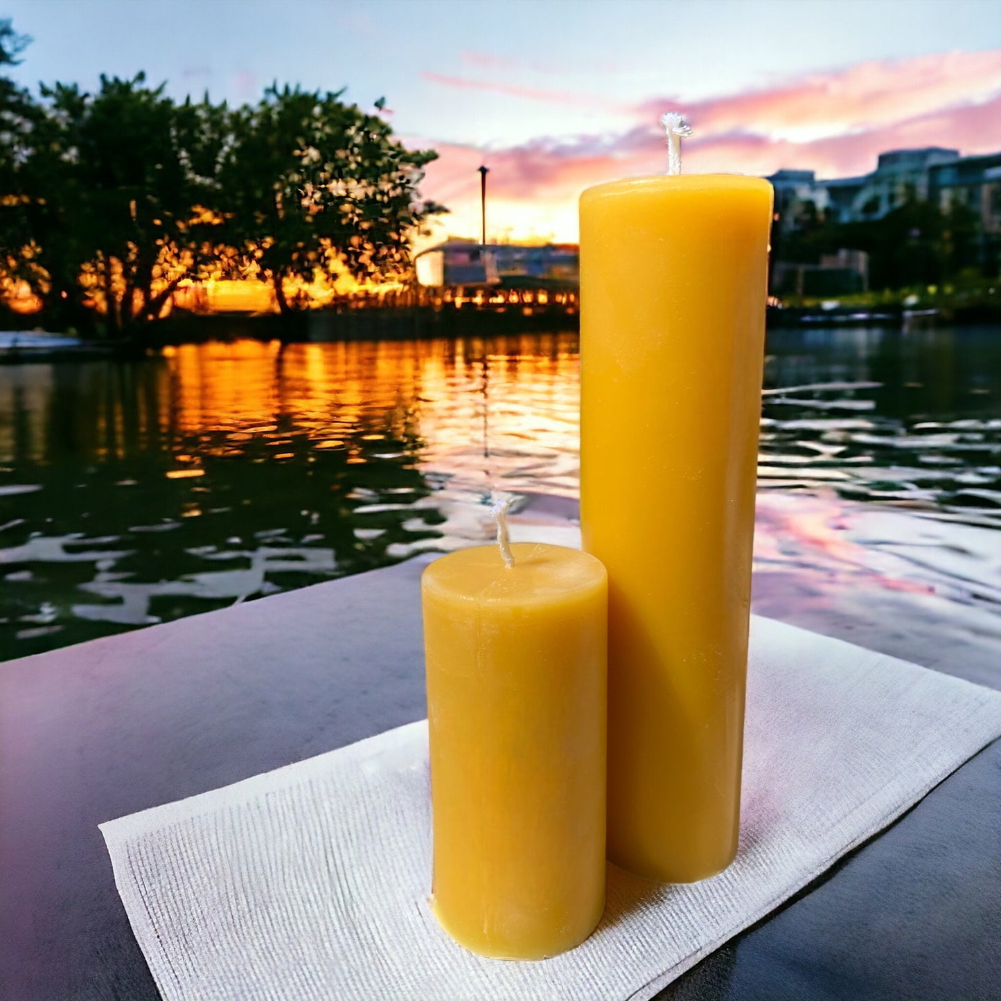 100% Beeswax Candle Set – "Sunset Glow Pillars", Natural Honey Scent, Set of 2