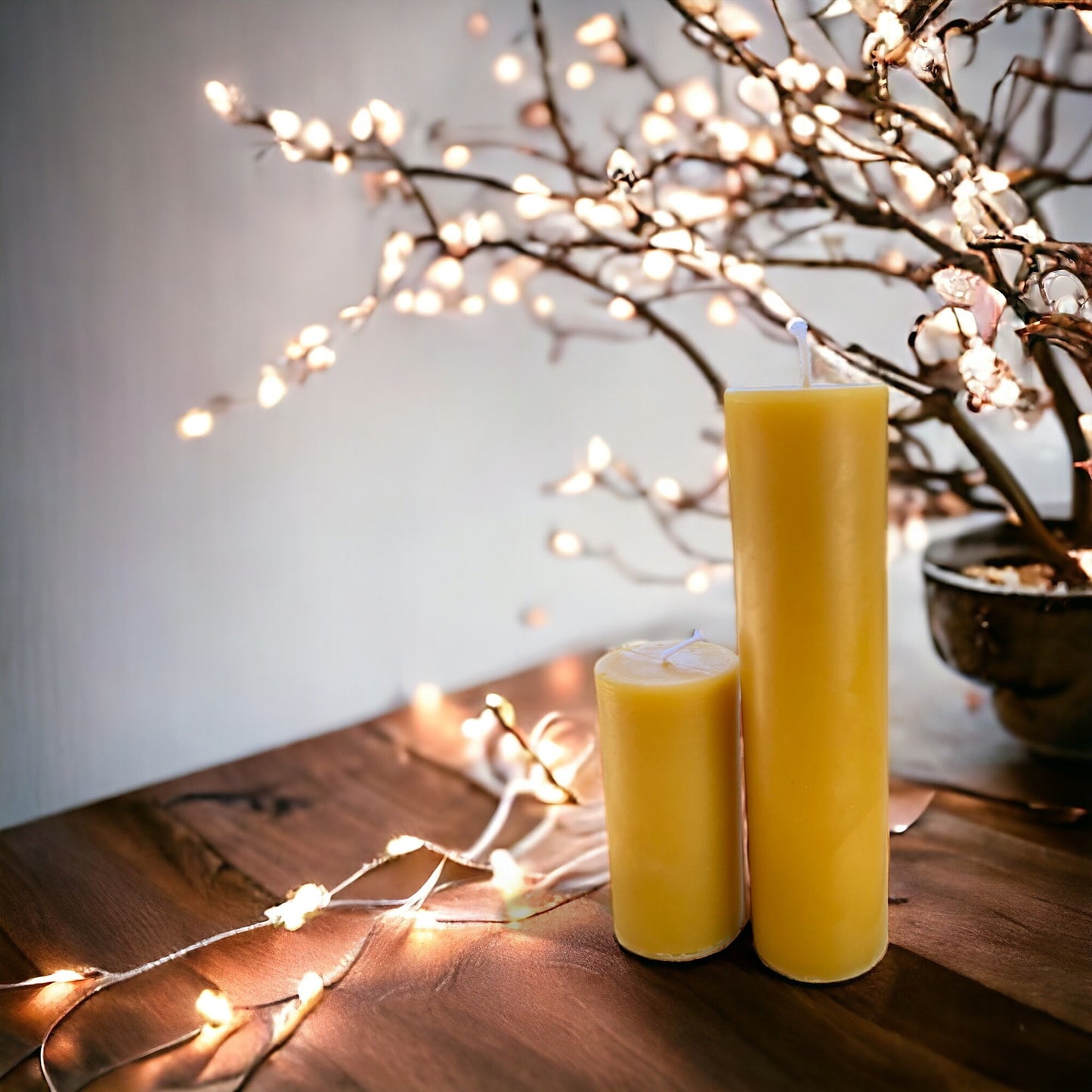 100% Beeswax Candle Set – "Sunset Glow Pillars", Natural Honey Scent, Set of 2