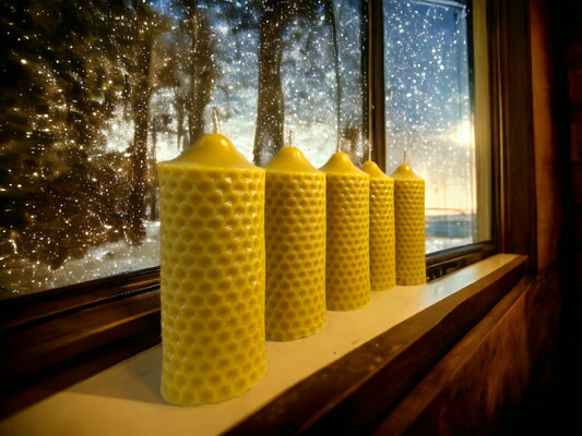 Pure Beeswax Pillar Candle, 6 x 2 in, 35-40 Hour Burn Time (Honeycomb design)