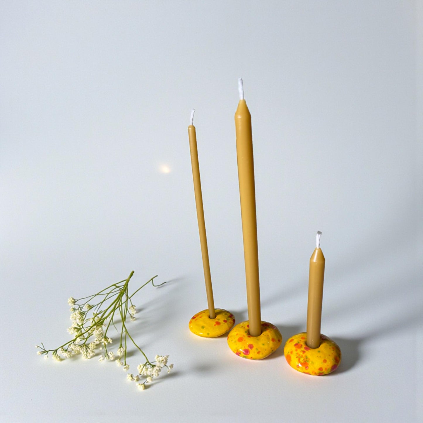 Ceramic Candle Holder for 12 mm or 5 mm Beeswax Candles - Yellow "Sunny Dots"