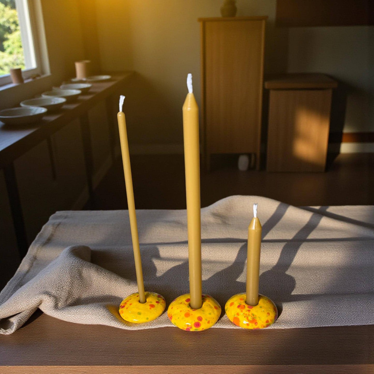 Ceramic Candle Holder for 12 mm or 5 mm Beeswax Candles - Yellow "Sunny Dots"