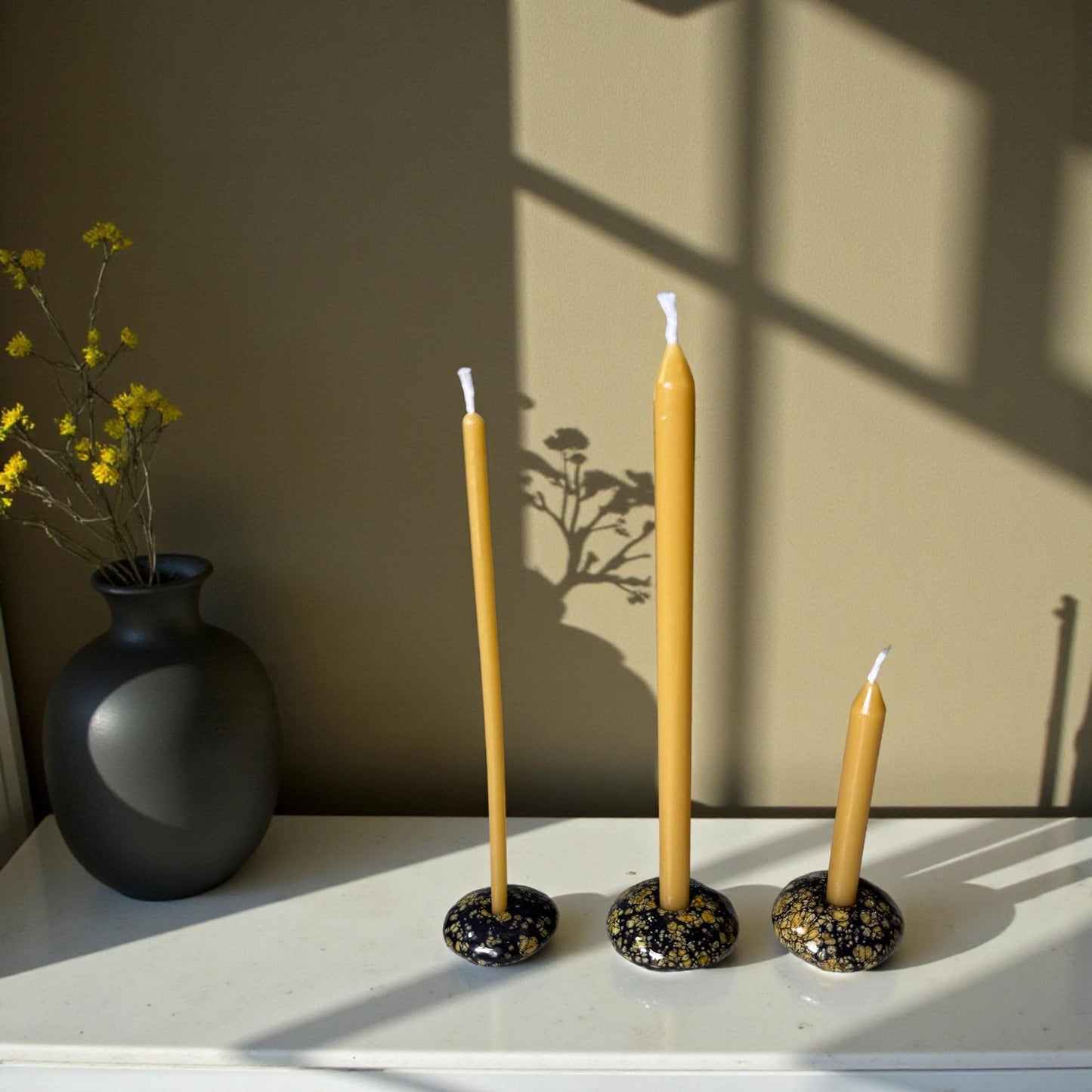 Ceramic Candle Holder for 12 mm or 5 mm Beeswax Candles - Black "Golden Night"