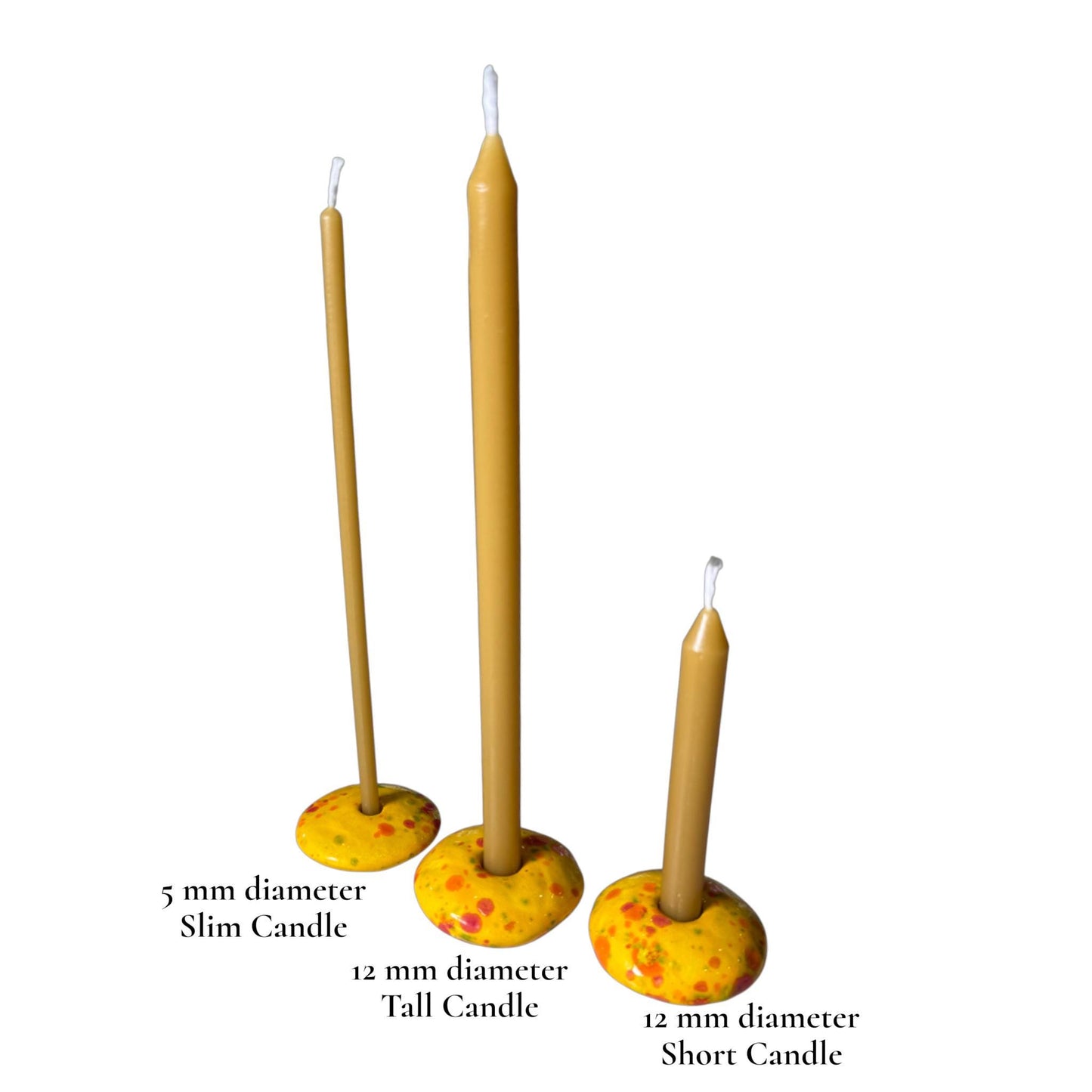 Ceramic Candle Holder for 12 mm or 5 mm Beeswax Candles - Yellow "Sunny Dots"